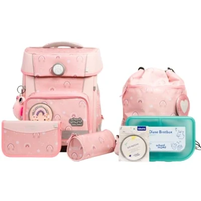 Abbildung von SCHOOL MOOD Champion Pro Rainbow Schulranzenset 7 teilig 21,5L Stauraum, ergonomisches Easy Fit System für 1 m bis 1,50 Körpergröße, standfest, wasserdichter Stoff mit Reflektoren