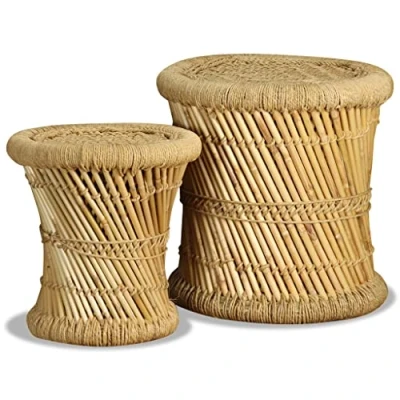 Abbildung von vidaXL 2X Hocker Handgefertigt Bambushocker Sitzhocker Beistelltisch Couchtisch Rundhocker Blumenhocker Fußhocker Dekohocker Bambus Jute