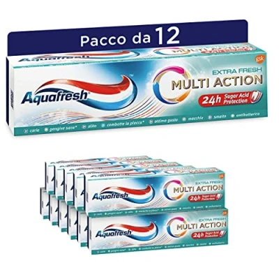 Abbildung von Aquafresh Multi Action Zahnpasta, Schutz gegen Karie, gesundes Zahnfleisch, frischer Atem, starker Nagellack, Plaque und Flecken, Extra Fresh, Packung mit 12 x 75 ml