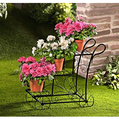 Abbildung von Spetebo Pflanzentreppe Metall Blumenwagen schwarz 50 x cm (Stück, 1 St., Blumentreppe), Blumentreppe mit 3 Ablagen