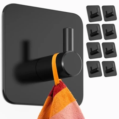 Abbildung von Menz Handtuchhaken ohne Bohren, 8er Pack Extra starke Handtuchhalter Klebehaken Edelstahl, Haken selbstklebend mit wasserfesten Klebepads, Badezimmer Handtuchhalter, Fb. Schwarz