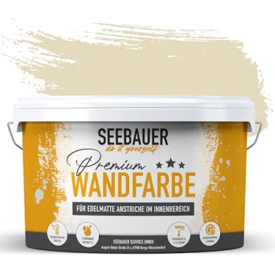 Abbildung von SEEBAUER diy Wandfarbe Beige 5L für Innen (No. 433 Vanilla Cream) Edelmatte cremebeige Innenfarbe Beigetöne sehr hohe Deckkraft Matt, Abwaschbar und Tropffrei