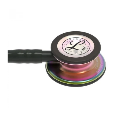 Abbildung von 3M Littmann Classic III Stethoskop zur Überwachung, 5870, regenbogenfarbenes Bruststück, Schlauchanschluss und Ohrbügel in Schwarz, schwarzer Schlauch, 69 cm