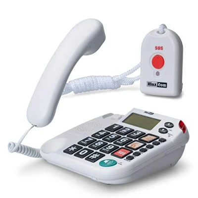 Abbildung von Maxcom KXT481SOS: Seniorentelefon mit Funk Notruf Sender und großen Tasten extra laut; schnurgebundenes Festnetztelefon Notrufknopf Adapterstecker Hausnotruf für Senioren hörgerätekompatibel