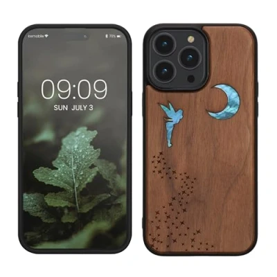Abbildung von kwmobile Hülle kompatibel mit Apple iPhone 14 Pro Max Holz Case Handy Cover TPU Handyhülle in Dunkelbraun Perlmutt Fee