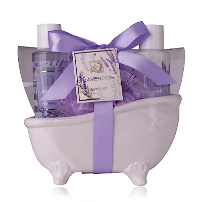 Abbildung von Accentra Duschset Frauen Geschenkset LAVENDEL in schöner Keramikbadewanne 3 teiliges Pflegeset mit Duschgel, Bodylotion &amp; Netzschwamm Wellness Geschenk Set zum Geburtstag, Valentinstag