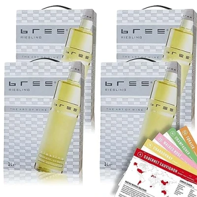 Abbildung von Bree Riesling QbA, feinherb, Bag in Box, sortenreines Weinpaket + VINOX Winecards (4x3,0l)