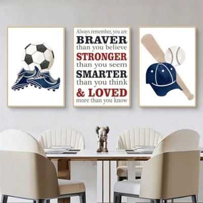 Abbildung von 3er Set Poster Kinderzimmer, Sportmotive Bilder Ohne Rahmen, Kinderbilder Sport Set, Wandbilder Fußball Basketball Baseball für Wohnzimmer Leinwand Wandkunst (GHI,30x40cm)
