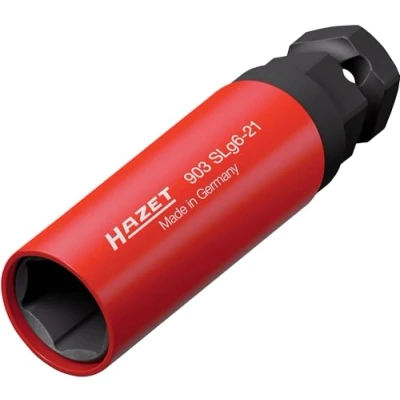 Abbildung von HAZET 903SLG6 21 Steckschlüsseleinsatz, mm, 1/2 Zoll Vierkant, 24 mm Außen Sechskant, Tractionsprofil, gelbe drehbare Kunststoff Hülse, für schwergängige Radschrauben
