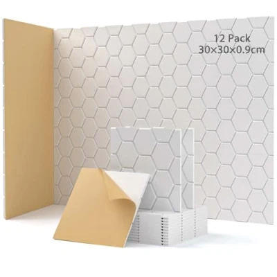 Abbildung von 12 Stück Akustikplatten Selbstkleben, Schallabsorber, 30x30x0.9cm, Schalldämmung Wand tür Decken, Akustikpaneele für Gaming Deko, Büros, Studios, Schallschutzplatten (Weiß)
