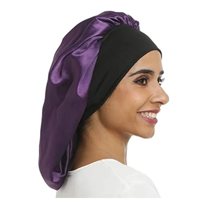 Abbildung von SENGTERM Satin Nachtmütze, elastisch, mit breitem Band, für Damen, langes Haar, lockiges Haar (L, Purpur)