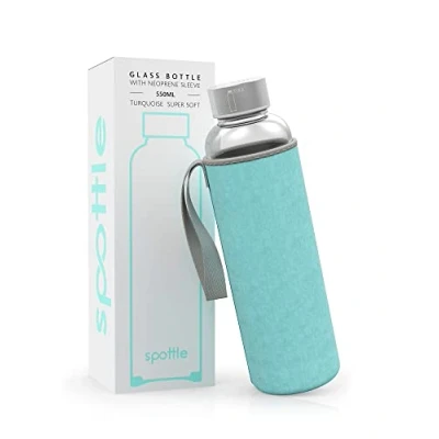 Abbildung von spottle® Glasflasche 550 ml mit Neoprenhülle Weicher Samt/Velour in Türkis