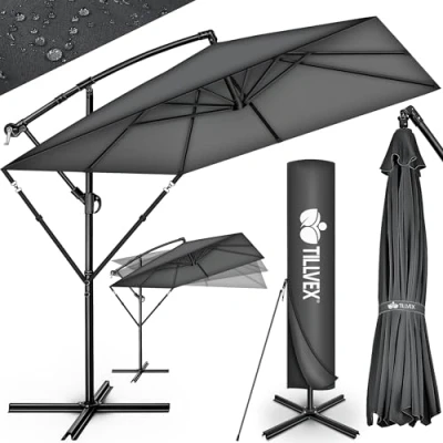 Abbildung von tillvex® Alu Sonnenschirm Rechteckig Ø 330 cm + Abdeckung mit Kurbel Ampelschirm Eckig Ständer &amp; Windschutz Gartenschirm UV Schutz Aluminium Kurbelschirm Marktschirm wasserdicht 360 drehbar
