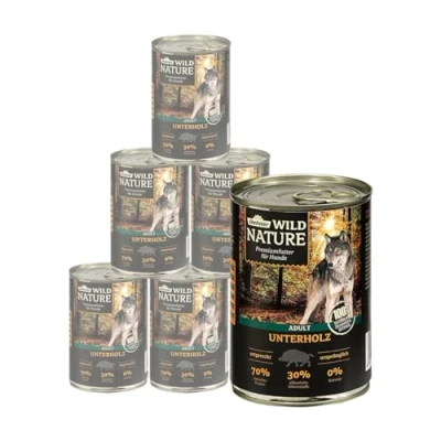 Abbildung von Dehner Wild Nature Hundefutter Unterholz, Nassfutter getreidefrei / zuckerfrei, für ausgewachsene Hunde, Rind Wildschwein Lamm, 6 x 400 g Dose (2.4 kg)
