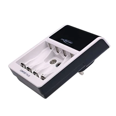 Abbildung von ANSMANN Comfort Plus AA , AAA und 9 V Akku Ladegerät für NiMH NiCd Akkus mit 3 poligem UK Stecker, schnelles Aufladen schneller Kapazitätstestung