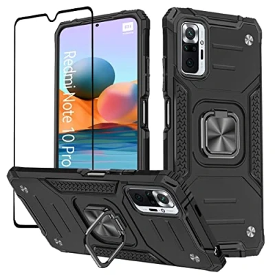 Abbildung von KANSi Hülle kompatibel für Xiaomi Redmi Note 10 Pro, Schutzfolie + Silikon TPU Hart PC Handy Hüllen 360 Grad Drehbar Ringhalter Bumper Stoßdämpfung Schutzhülle Schwarz