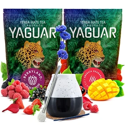 Abbildung von Set anregender Mate Tee mit Zubehör Zweierpack Yaguar Guarana, Waldfrüchte Gereifter aus Brasilien Mild Natürliches Koffein 2x500g 1kg