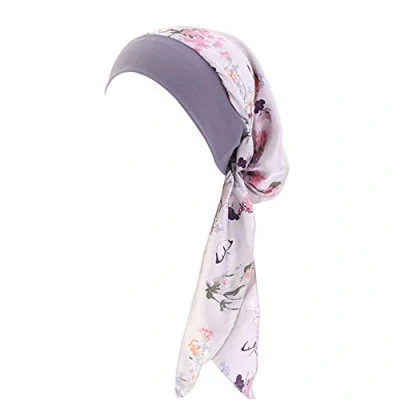 Abbildung von Asudaro Damen Elegante Elastic Stirnband Bandana Kopftuch Wrap Headscarf Beanie Hut Muslim Kopfschmuck Schal Turban Chemo Kopfbedeckung für Haarverlust Krebs Chemotherapie Blume grau
