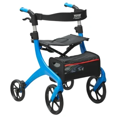 Abbildung von VEVOR Faltbarer Rollator für Senioren, Leichtgewichtsrollator aus Aluminium mit Sitz und verstellbarem Griff, 4 Rad Mobilitätsgeher den Außenbereich Aufbewahrungstasche, Tragkraft 136 kg, Blau