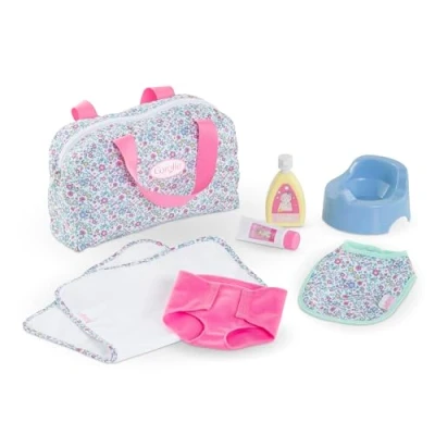 Abbildung von Corolle Mon Grand Poupon Wickeltasche und Zubehör, 7 Teile, Wickeltasche, Unterlage, Windel, Creme, Bodylotion, Töpfchen, Lätzchen, für 36 42cm Puppen, ab 2 Jahre