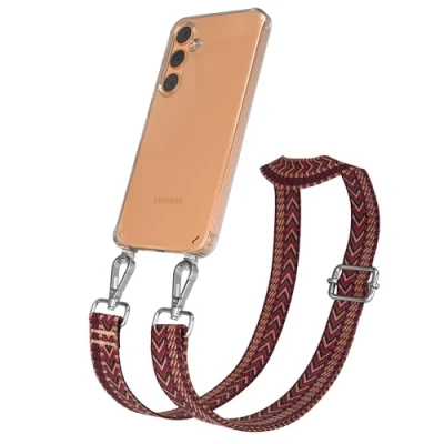 Abbildung von EAZY CASE Handykette mit verstellbarem Trageriemen kompatibel Samsung Galaxy S24 Plus Taschengurt transparenter Handyhülle für Hülle Schulterriemen in Rot Braun Silber