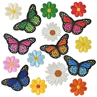 Abbildung von 16x Applikationen zum Aufbügeln für Erwachsene Blumen Aufnähen Kinder Aufbügler Flicken Schmetterlingsmuster Stickerei Patch Mädchen Jungs Aufbügel Patches Jeans