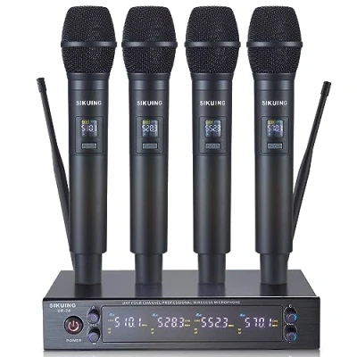 Abbildung von SIKUING 4 Kanal UHF Wireless Microphone System mit schnurlosen Handheld Mikrofonen, 4x50 einstellbare Frequenzen, ideal für Karaoke Meeting Kirche, 300ft Reichweite (4 Handheld)