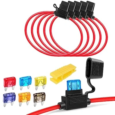 Abbildung von Gebildet 5pcs 16AWG Sicherungshalter mit Draht für KFZ LKW, 32V 20A Flachsicherung Wasserdicht Halter, Inline Blade Fuse Holder 6 teiligen Klein Flachsicherungen (3A / 5A 7.5A 10A 15A 20A)