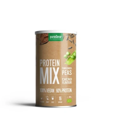 Abbildung von Veganer Bio Proteinmix Erbse Sonnenblumen Kakao. Einzigartige Mischung mit Erbsen und Sonnenblumenproteinen, hoher Proteingehalt