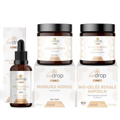 Abbildung von bedrop BleibtStark Set Propolis Tinktur 20%, BIO Gelee Royal Kapseln &amp; echter Manuka Honig MGO400+, passend für die Winterzeit/Grippenzeit