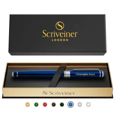 Abbildung von Scriveiner Midnight Blue Personalisierter Stift Atemberaubender Blauer Lack Luxus Tintenroller, Chrom Finish, Schmidt Tinte, Bestes Graviertes Tintenroller Geschenkset, Custom Name Gravur