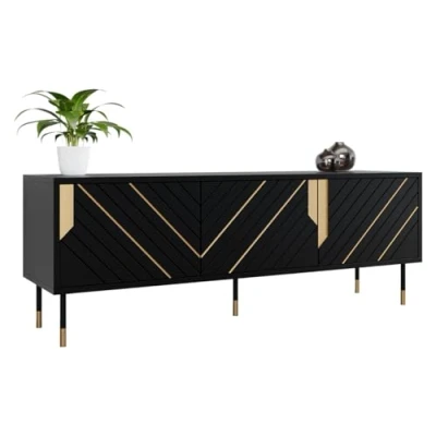 Abbildung von Mirjan24 TV Lowboard Murni 150 3D, Fernsehschrank, Fernsehtisch, goldlackierte Elemente, Metallfüße, Unterschrank, Tisch, Board, Schrank, Bank (Schwarz/Schwarz + Gold)