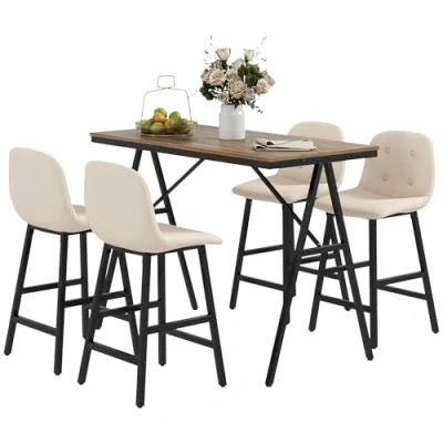 Abbildung von HOMCOM Bartisch mit Barhocker Set, 5 teilige Essgruppe, Küchentisch, Bistrotisch 4 Stühlen, Set für Küche, Wohnzimmer, Stahl, Beige, 120 x 60 91 cm
