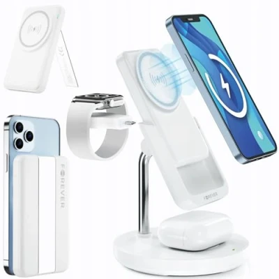 Abbildung von Forever Induktive Ladestation 5in1 mit Magnetische Powerbank 5000mAh Weiß Kabellose für iPhone AirPods Smartwatch USB A &amp; C Schnellladefunktion Kompakt Stylisch Kickstand