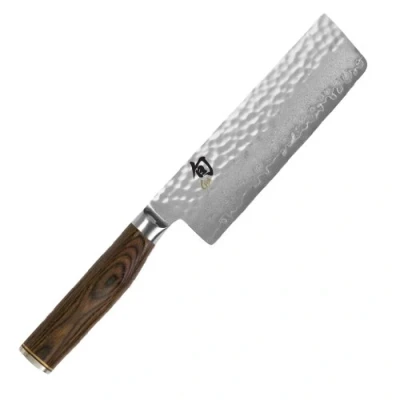 Abbildung von KAI Shun Premier Tim Mälzer Nakiri 14 cm Klingenlänge VG MAX Kern 61 (±1) HRC, 32 Lagen Damast hochglanzpoliert Pakkaholz mittelbraun gemasert Hammerschlagoberfläche Made in Japan