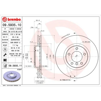 Abbildung von BREMBO COATED DISC LINE 09.5935.11 Bremsscheibe 315 28 5 innenbelüftet beschichtet mit Schrauben BMW: Z3 Roadster, 3 Limousine, Coupe