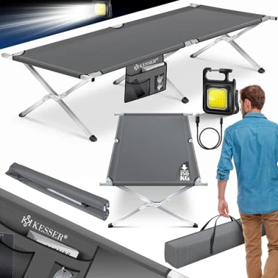 Abbildung von KESSER® Campingbett Klappbett mit Tragetasche, Seitentasche &amp; Campinglicht Stabiles Feldbett 190x73x45cm bis 150 kg Belastbar Metallrohr 600D Oxfordgewebe Tragbar Liege Reise Bequem Anthrazit