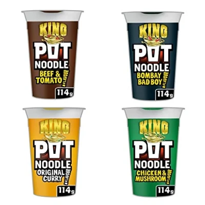 Abbildung von Pot Noodle King Bundle Chicken &amp; Mushroom 114g Bombay Bad Boy Original Curry Beef Tomato Total of 4x114g Noodles