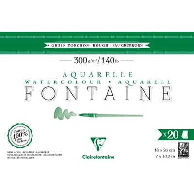 Abbildung von Clairefontaine 975505C Aquarellblock Fontaine Torchon, 100% Hadern, 20 Blatt, 18x26cm, 300g, geleimt, ideal für Nasstechniken, 1 Block