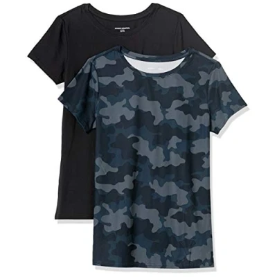 Abbildung von Amazon Essentials Damen Kurzärmliges Tech Stretch T Shirt mit Rundhalsausschnitt (in Übergröße erhältlich), 2er Pack, Marineblau Tarnmuster/Schwarz, S