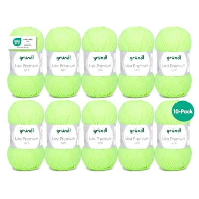 Abbildung von Gründl Wolle Lisa Premium Uni Strickgarn aus 100 % Polyacryl, Garn zum Häkeln/ Stricken 50 g / 133 m, 10 x Knäuel, Nadel: 3,5 4,5, Neongelb