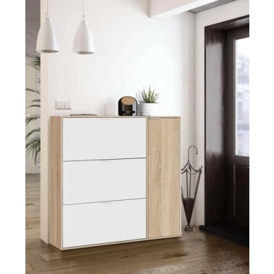 Abbildung von Dmora Schuhschrank Provo, mit 4 Türen, Niedriger Mehrzweckschrank 5 Einlegeböden, Modernes Schuhregal, 106x22h115 cm, Eiche und Weiß