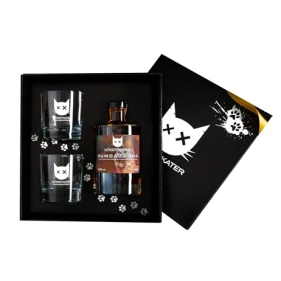 Abbildung von Böser Kater RUMbazamba Caramel Toffee Geschenkset mit 2 Gläsern, feine Geschmacksnoten von Rum &amp; Karamell, das perfekte Geschenk in hochwertiger Box, 0,5l 40% Vol.