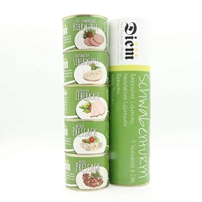 Abbildung von Schwabenturm / 5 Dosen (Bayrischer Leberkäse, Bierwurst, Hausmacher Leberwurst, Presssack Weis, Pressack Rot á 200g