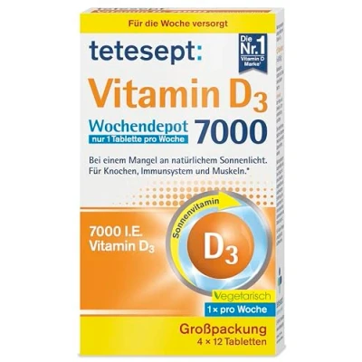 Abbildung von tetesept Vitamin D3 7000 Wochendepot 4 x 12 Tabletten D bei einem Mangel an natürlichem Sonnenlicht Nahrungsergänzungsmittel für Knochen, Immunsystem &amp; Muskeln Vorratspackung