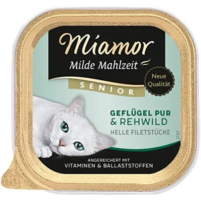 Abbildung von MIAMOR Milde Mahlzeit Senior Nassfutter für ältere Katzen mit Filetstückchen vom Geflügel. Leicht verdauliches Ergänzungsfutter im Schälchen ohne Zusatzstoffe 16x100g Geflügel Pur &amp; Rehwild