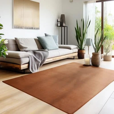 Abbildung von HomebyHome Kurzflor Teppich Wohnzimmer 240 x 340 cm Braun Waschbarer für Schlafzimmer, Esszimmer und Ideal als Küchenteppich Flauschiger Extra Weich, Einfarbig, rutschfest, Modern