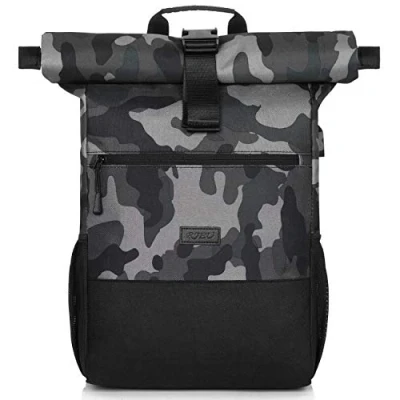 Abbildung von RJEU Rucksack Herren,Schulrucksack Jungen Teenager,Rolltop für Reisen Camping Schule Arbeit (BlackCamouflage)
