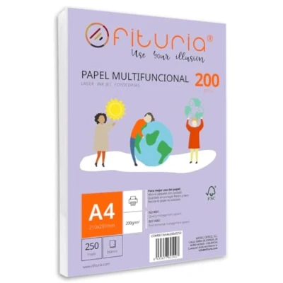 Abbildung von Packung mit 250 weißen DIN A4 Blättern, 200g Druckerpapier. Multifunktionales Kopierpapier für Schule und Büro. Ideal Laserdrucker, Tintenstrahldrucker oder Kopierer Ofituria