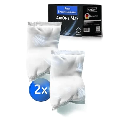 Abbildung von BonAura Luftentfeuchter AirOne Max ohne Strom I Raumentfeuchter &amp; 980g Granulat, für 79 m3 Räume, Tank 2,00 l, 680g 360 Belüftung, Ausgiesser, Füllstandsanzeige, 1L